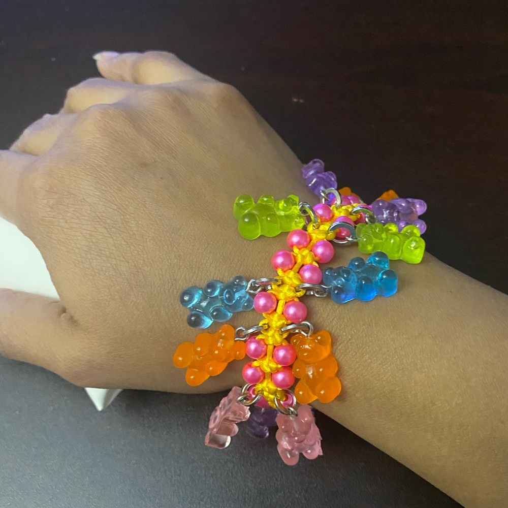 Multicolor macrame knotted Bracelet with Bears charm
